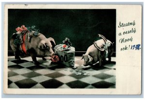 New Year Postcard Anthropomorphic Pig Hog Horseshoe Clover Coins Czech Republic