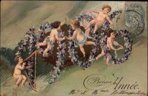 Bonne Annee New Year 1906 Cherubs Fantasy Fairies Art Nouveau Postcard