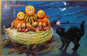 Halloween Postcard Tuck Pumpkin Heads People Goblins Black Cat Moon 150 Fantasy