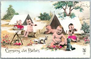 MULTIPLE BABIES CAMPING HAND COLORED REAL PHOTO ANTIQUE POSTCARD RPPC