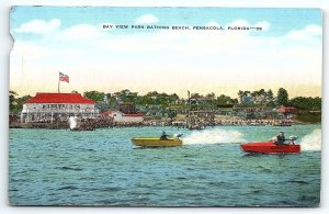 c1940 PENSACOLA FL BAY VIEW BATHING BEACH RACING BOATS LINEN POSTCARD P2658