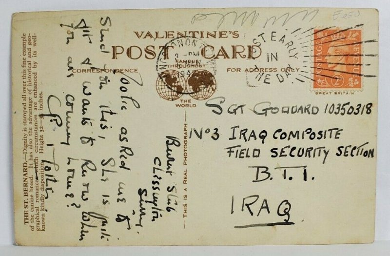 Rppc The St. Bernard Valentine's to Iraq 1942 Postcard T13