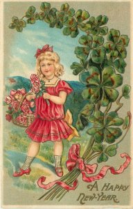 Nice Embossed AMB New Year Postcard; Girl in Red w Basket of Roses, Clover Spray