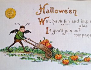 Halloween Postcard Fantasy Fairly Goblin With Wings Pumpkin Cart 7027 L&E German 