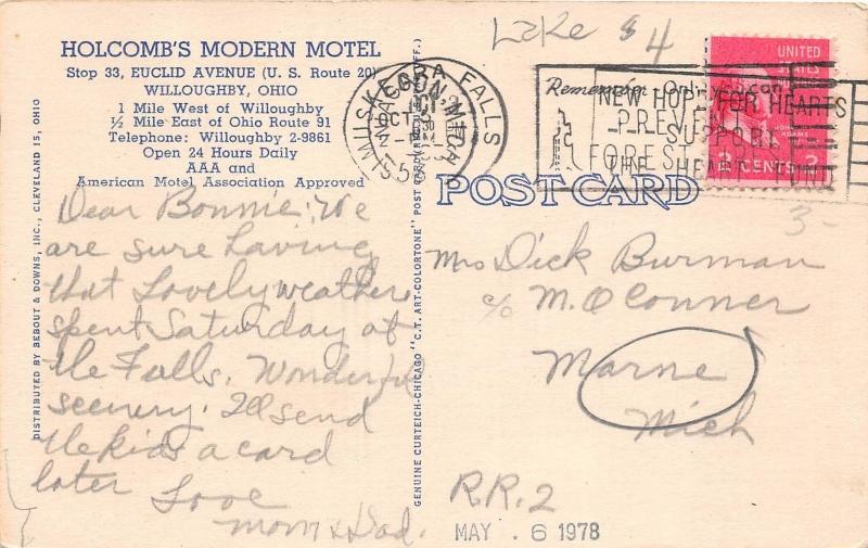 E21/ Willoughby Ohio Postcard 1953 Holcomb's Modern Motel Euclid Ave 2View Auto