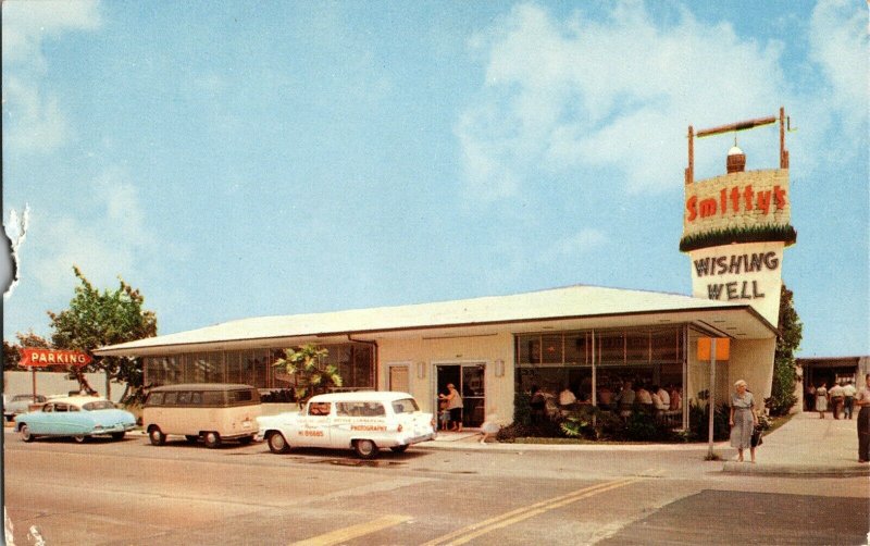 c 1960 Roadside Travel Postcard Smittys Wishing Well Restaurant VW Van Autos