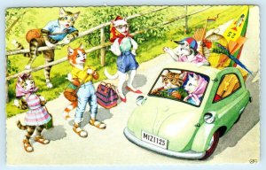 MAINZER DRESSED CATS Anthropomorphic HITCHHIKERS Tiny Car #4729 Spain Postcard