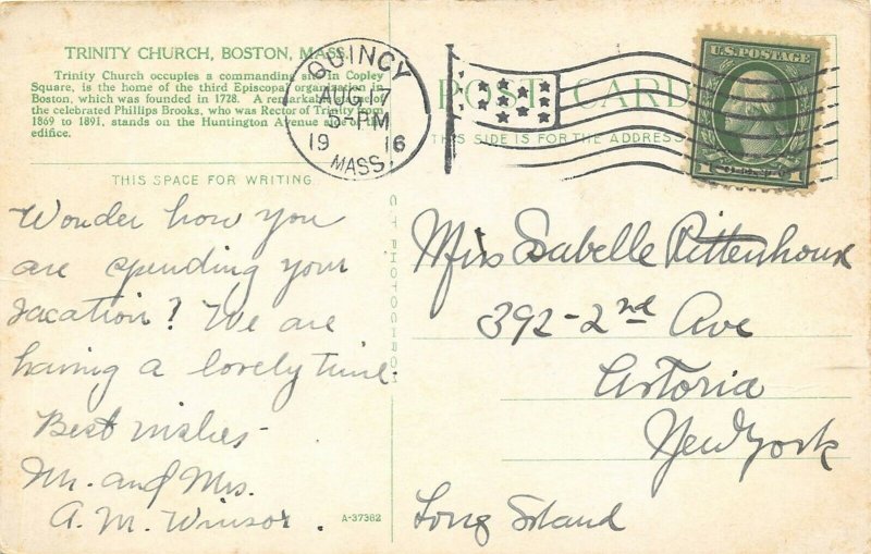 Boston Massachusetts 1916 Postcard Trinity Church Streetcar Bicycle