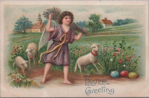 Postcard Easter Greeting Angel With Sheep Farm Scene