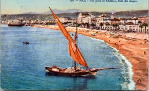 Postcard France Nice - view from Baie des Anges castle sailboat beach coastline