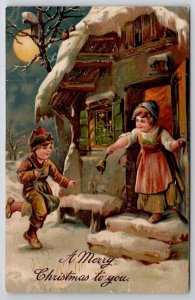 Christmas Greetings Night Scene Girl With Bell Postcards I45