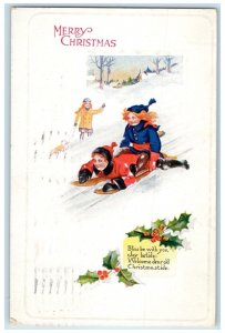 1921 Christmas Children Sledding Berries Winter Embossed Racine WI Postcard