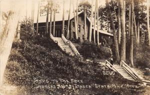 Itasca State Park Iowa~Douglas Lodge-Lady on Steps to Lake~c1930 Pearson Co RPPC