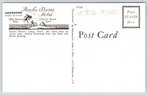 Pacific Beach CA~Pacific Shores Hotel~Front & Back~Artist Drawn Island~1960s PC 