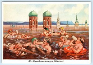 BIERÜBERSCHWEMMUNG Beer Flood Swimmers MUNICH, GERMANY Comic 4x6 Postcard