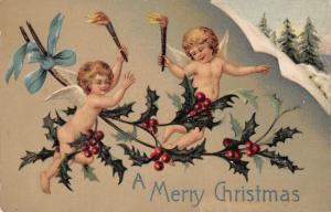 baby angels with torches holly c 1910 christmas postcard ac 166