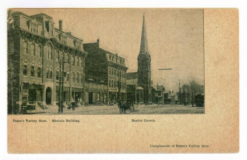 Pattee's Variety Store, Masonic Building, Baptist Church, unused Postcard