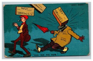 Vintage 1914 Comic Postcard - Orange Crate Falls on Man's Head - One for his Nob