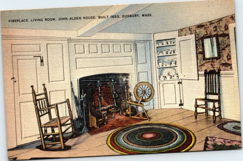 postcard Duxbury Massachusetts John Alden House - Fireplace Living Room