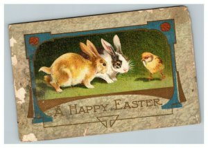 Vintage 1909 Easter Postcard Cute Bunnies and Chick Blue Border Rose Corners