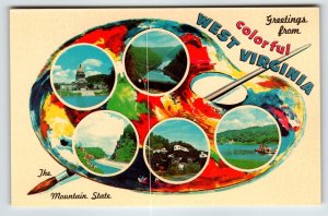 Postcard Greetings From West Virginia Chrome Paint Pallet Paintbrush Mountain