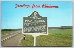 Signs~Greetings From Oklahoma Entering Indian Territory Roadside Scene~Postcard
