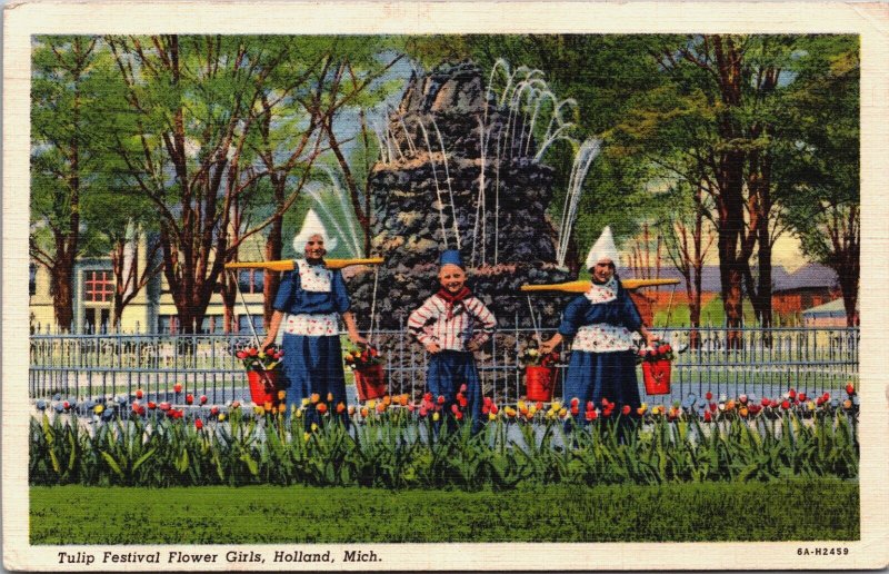 Tulip Festival Flower Girls Holland Michigan Linen Postcard C037
