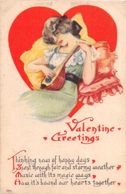 F4/ Valentine's Day Love Holiday Postcard c1914 Cleveland Ohio Woman Mandolin 8