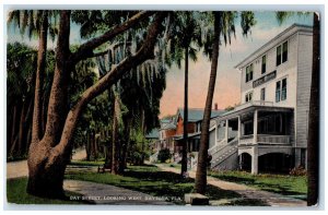 Bay Street Looking West Trees Houses Mansion Scene Daytona Florida FL Postcard