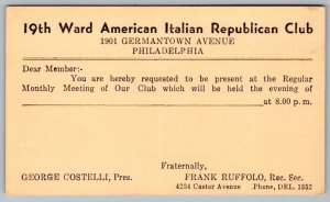 1950's 19th WARD AMERICAN ITALIAN REPUBLICAN CLUB MEETING PHILADELPHIA POSTCARD
