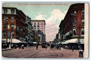 1909 Trolley Car Main Street Business Section Worcester MA Antique Postcard