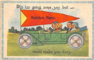 Malden Massachusetts 1910 Postcard Pennant Driving Automobile Car