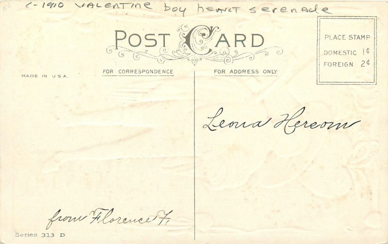 c1910 Valentine boy heart Serenade Postcard 25-10591