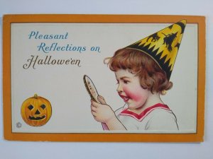 Antique Halloween Postcard Cute Girl Holds Mirror Witch Hat 80 F Embossed Unused 