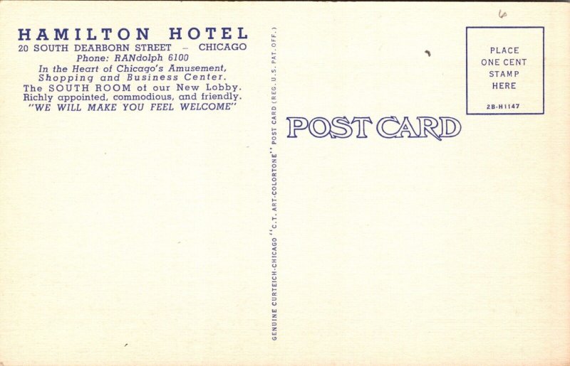 Linen Postcard Hamilton Hotel 20 So. Dearborn Street in Chicago, Illinois