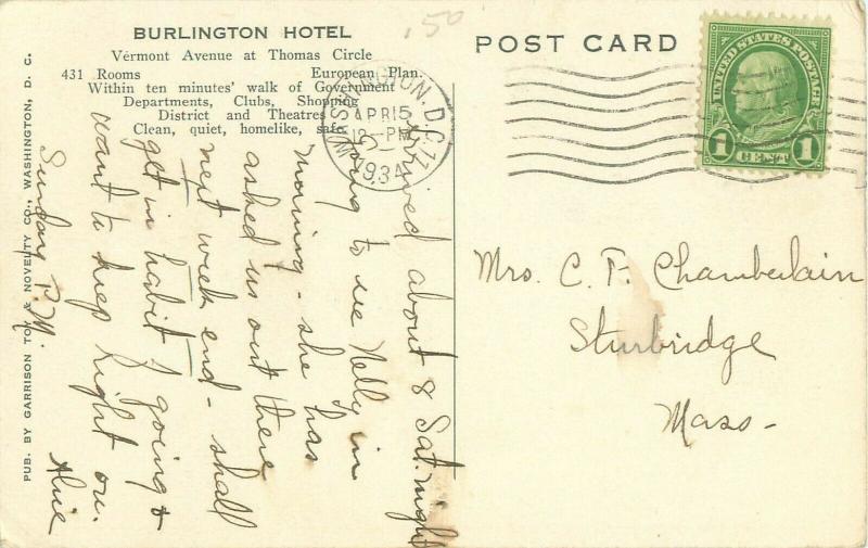 Burlington Hotel Washington, DC 1934 Black & White Postcard