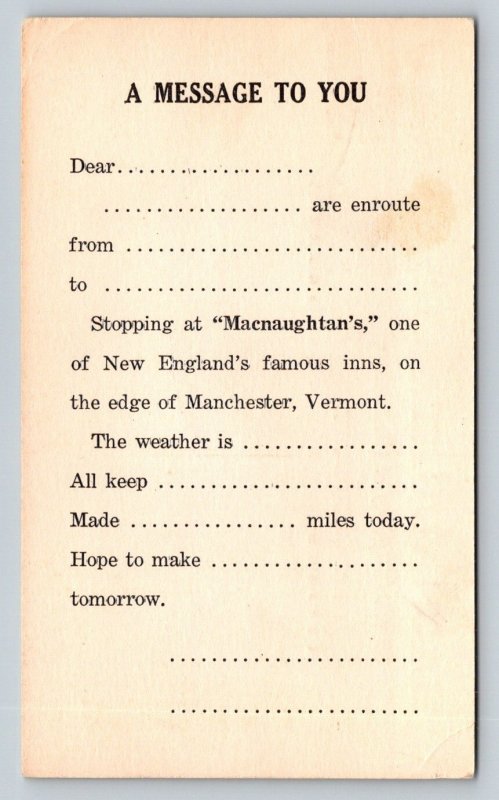 Macnaughtan's  Inn   Manchester  Vermont     Postcard