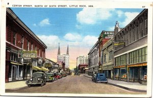 Postcard AR Little RockCenter Street North of Sixth Street - Coke sign cars