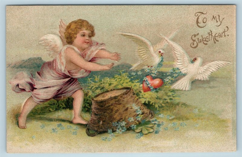 Postcard Valentines To My Sweetheart Cupid Chasing Doves Clapsaddle 1908 Y11
