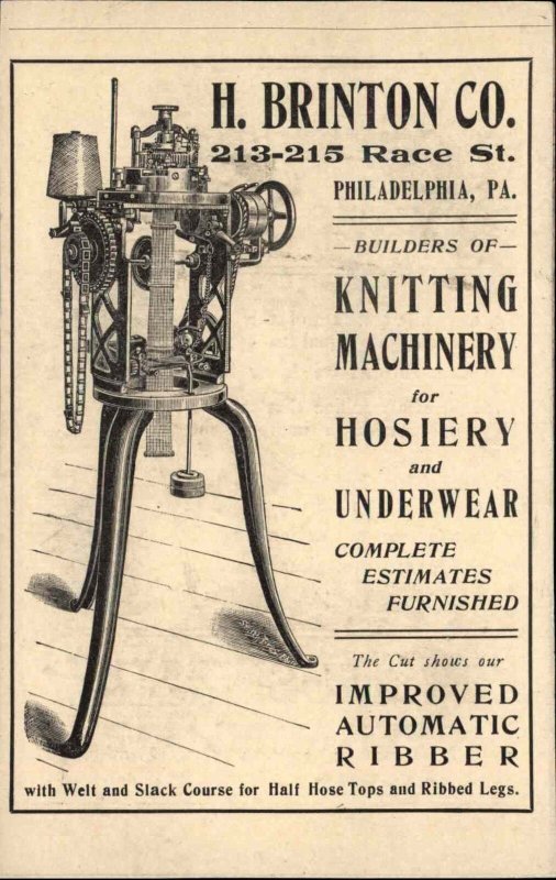 Illustrated Postal Card Knitting Machinery H Brinton Co Philadelphia PA Postcard