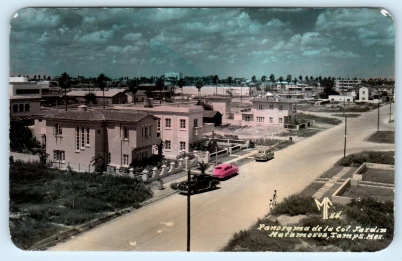 RPPC  MATAMOROS, MEXICO Panorama de la COLONIA JARDIN MF44 Tinted 1950s Postcard
