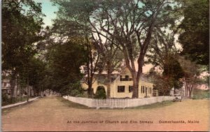 Hand Colored Postcard Junction of Church and Elm Streets in Damariscotta Maine