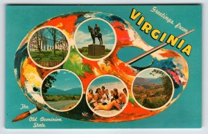 Postcard Greetings From Virginia Chrome Paint Pallet Paintbrush Dominion State