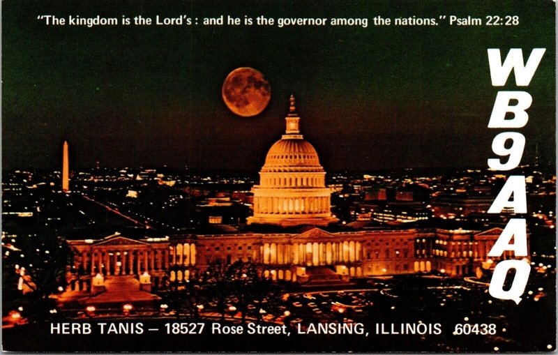 WB9AAQ Radio Herb Tanis Lansing Illinios Bible Verse Moon Night Scene Postcard 