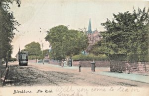 BLACKBURN LANCASHIRE ENGLAND~NEW ROAD-TRAM-POST BOX~1904 TINTED PHOTO POSTCARD