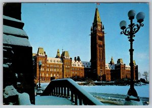 Parliament Buildings Winter Morning View, Ottawa Ontario Canada, Chrome Postcard