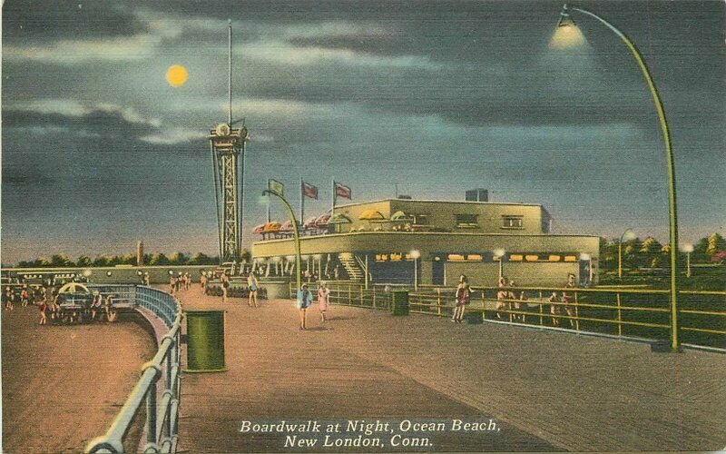 Boardwalk Ocean Beach Night New London Connecticut 1940s Postcard 8317