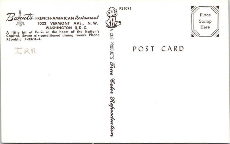 Washington, D.C. ~BONAT'S FRENCH-AMERICAN RESTAURANT & Interior ca1950s Postcard