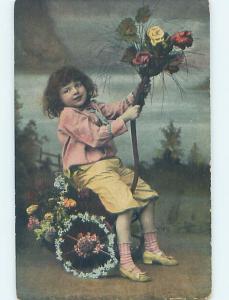 Pre-Linen CHILD ON WHEELS DECORATED BY FLOWERS HL5479