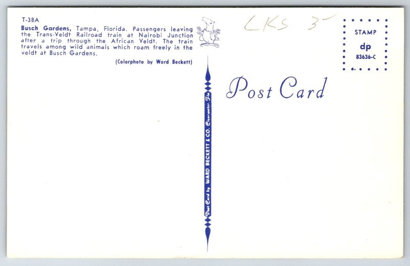 Tampa Florida~Busch Gardens Passengers Leaving Trans-Veldt Train~Vtg Postcard